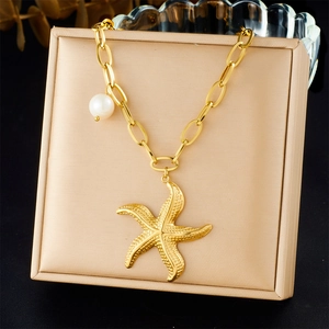 Starfish Pendant Necklace With Artificial Pearl Stainless Steel Gold Plated Ocean Beach Style Fashion Jewelry For Women