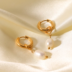 Artificial Baroque Pearl Drop Hoop Earrings 18K Gold Plated Stainless Steel Elegant Geometric Minimalist Jewelry For Women