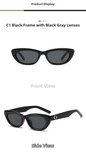 Detailansicht der schwarzen Cat-Eye-Sonnenbrille mit grauen Gläsern und Logo am Bügel