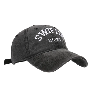 Washed black denim baseball cap with SWIFTIE EST. 1989 white embroidery embroidery