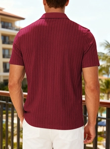 Close-up back view of men's burgundy striped short sleeve polo shirt in knit fabric
