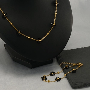 Bohemian gold stainless steel necklace and bracelet set with black floral crystal beads