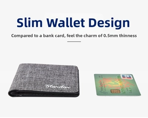Slim canvas bifold wallet showing a ultra-thin 0.5cm side profile with card comparison