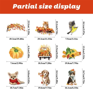 Detailed size chart showing dimensions for fall window clings with pumpkin and animal patterns