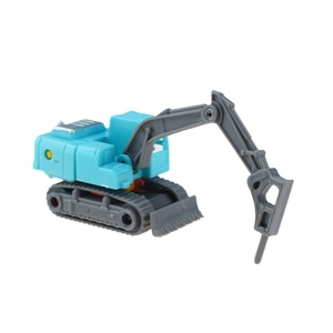 Blue crawler excavator toy model with grey crushing head attachment and hydraulic details