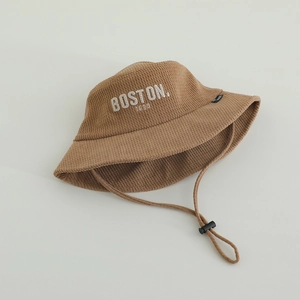 Brown corduroy bucket hat for kids with Boston embroidery and adjustable windproof rope