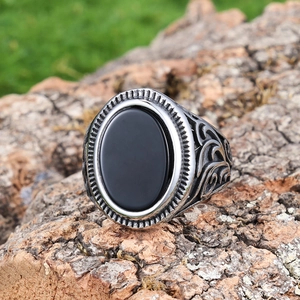 Retro Men Ring Stainless Steel With Oval Black Faux Agate Stone Carved Scroll Pattern Vintage Punk Gothic Jewelry