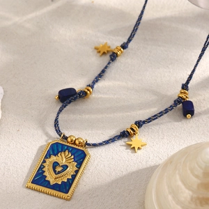 18K gold-plated necklace with blue cord, rectangular sacred heart pendant and star charms