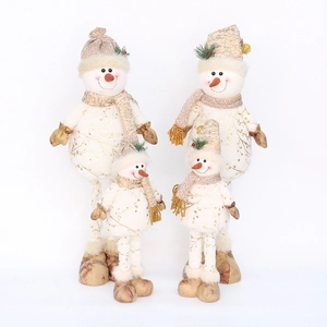 Retractable Christmas snowman figurines with gold prints and knit details on white background