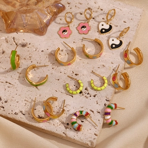 18K gold plated stainless steel hoops featuring colorful enamel charms and geometric shapes