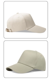 Detail of adjustable metal buckle and twill cotton fabric on beige baseball cap