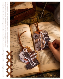 Detail of vintage style paper bookmarks featuring retro portraits and decorative motifs