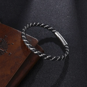 Minimalist black braided leather and silver stainless steel chain bracelet with magnetic clasp