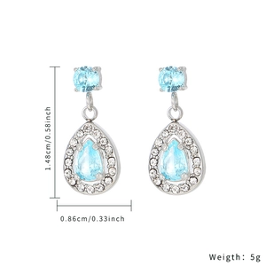 Light blue teardrop zircon drop earrings in silver stainless steel with dimensions