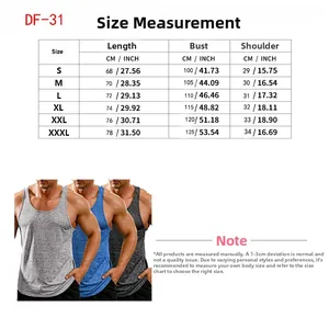 Size chart detail for men's fitness tank top showing measurements from S to 3XL