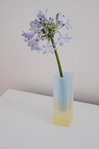 Close-up of blue and yellow gradient rectangular acrylic vase with purple flowers