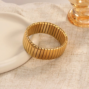 Minimalist elastic gold stainless steel wide cuff bracelet with vintage stretch design