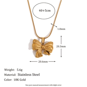 18K Gold plated stainless steel bow pendant necklace with 40+5cm thin snake chain