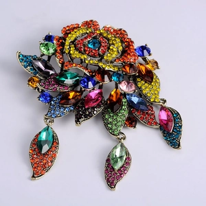 Baroque style multicolored rhinestone rose brooch with tassel charms in vintage gold finish