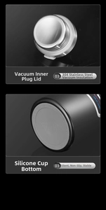 Detail of 304 stainless steel vacuum lid and anti-slip silicone base on insulated flask