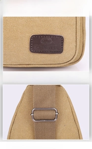 Detail of khaki canvas fabric texture with leather brand logo and metal strap adjustment buckle