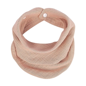Soft pink organic cotton muslin baby bib with adjustable white snap buttons