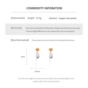 Detailed size specifications for gold rose flower and pearl drop tassel earrings