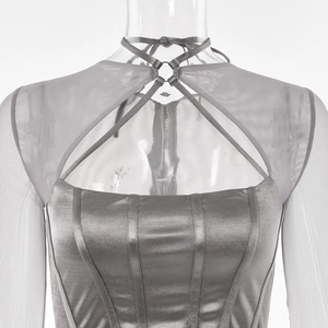 Detail of silver-grey mesh patchwork top featuring a satin corset bodice and neck tie