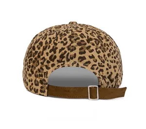 Detailed back view of leopard print ivy cap with adjustable strap and metal buckle