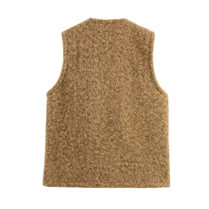 Detailed back view of a brown plush waist jacket showing soft mohair wool texture