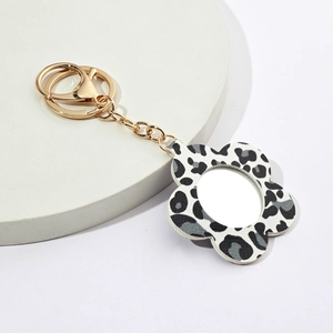Floral leopard print PU leather keychain with built-in mirror and golden metal ring