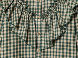 Detail of green and beige plaid blouse featuring ruffled neckline and resin buttons