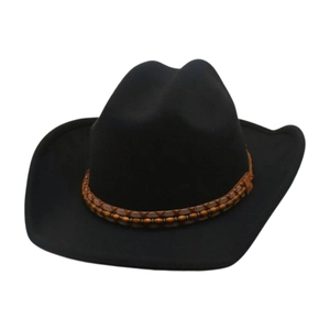 Classic black felt cowboy hat with woven brown bead band and wide curved brim for unisex