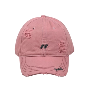 Distressed pink baseball cap with letter N embroidery and worn brim detailing