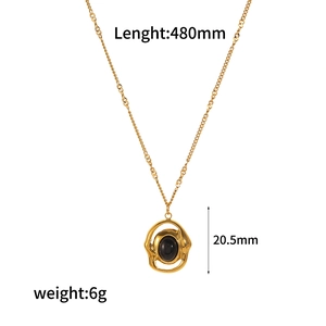 Golden titanium steel necklace with black oval gemstone pendant and size dimensions