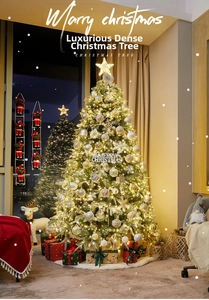 Détail du sapin de Noël enneigé avec lumières LED et décorations de couleur champagne