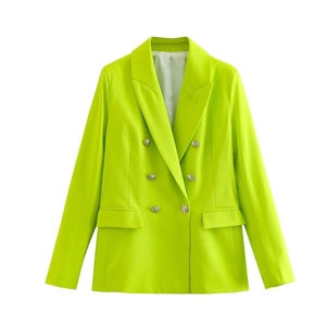 Women's slim fit lime green double breasted blazer with silver buttons on white background