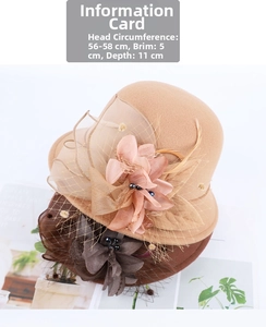 Detail of wool felt cloche hats featuring mesh bows and flower accents in vintage style