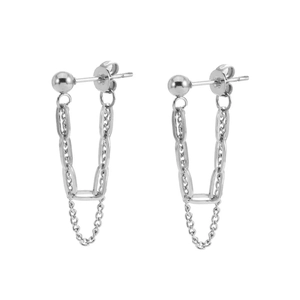 Detail of silver titanium steel double-layer chain tassel earrings with ball stud back