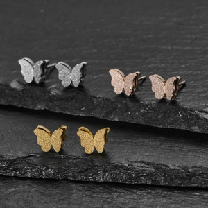 Frosted double-layer butterfly stud earrings in silver, gold, and rose gold finishes