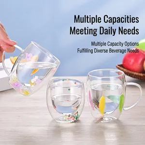 Insulated Borosilicate Glass Coffee Mug Heat Resistant Cup With Decorative Dried Flowers And Feathers Quicksand