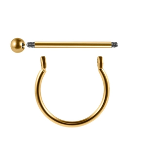 Golden G23 titanium nipple piercing bar and C-ring with polished finish on white background