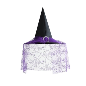 Classic black Halloween witch hat featuring purple spider web mesh and silver buckle detail