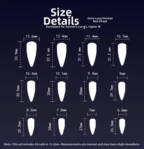 Size chart showing 24 pieces extra-long stiletto press-on nails with 12 specific dimensions