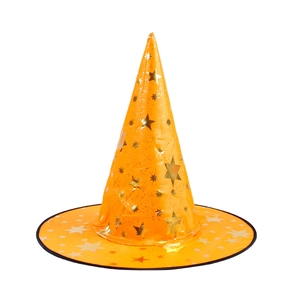 Chapeau de sorcière orange pour Halloween avec motifs d'étoiles dorées et large bord