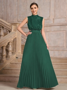 Elegant dark green sleeveless halter maxi dress with sequins and pleated skirt