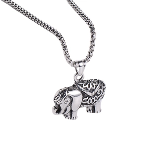 Vintage stainless steel elephant pendant necklace with textured detail on square link chain