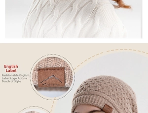 Detail of warm knit beanie with ponytail hole and Sport leather label on winter cable sweater