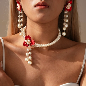 Baroque pearl necklace and floral tassel earrings set featuring red flower design