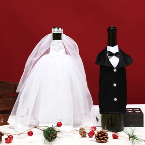Wedding-themed wine bottle covers set featuring white bridal gown and black tuxedo designs
